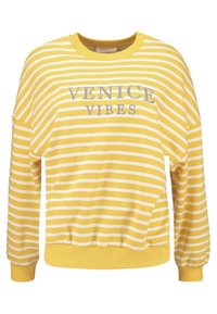 Sudadera de manga larga a rayas amarillas y blancas con "VENICE VIBES" impreso en gris en el pecho.