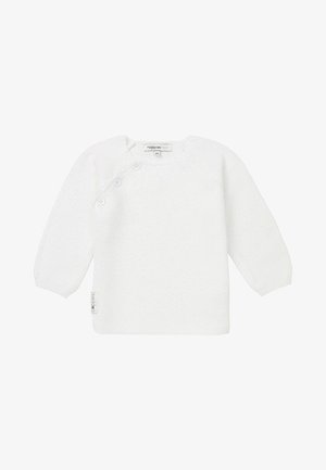 Maglione bianco a maglia con maniche lunghe, scollatura rotonda e tre bottoni decorativi sulla spalla sinistra. Tessuto testurizzato e etichetta sul lato.