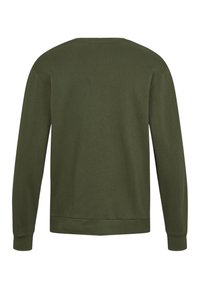 Olijfgroene sweatshirt, katoenmix, lange mouwen, ronde hals, ribgebreide cuffs en zoom, gladde textuur, geen zichtbare logo's of patronen.