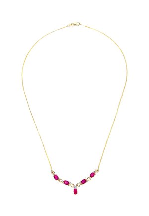 Delicate gold chain necklace with seven oval red gemstones arranged in a V shape, each separated by small gold links.