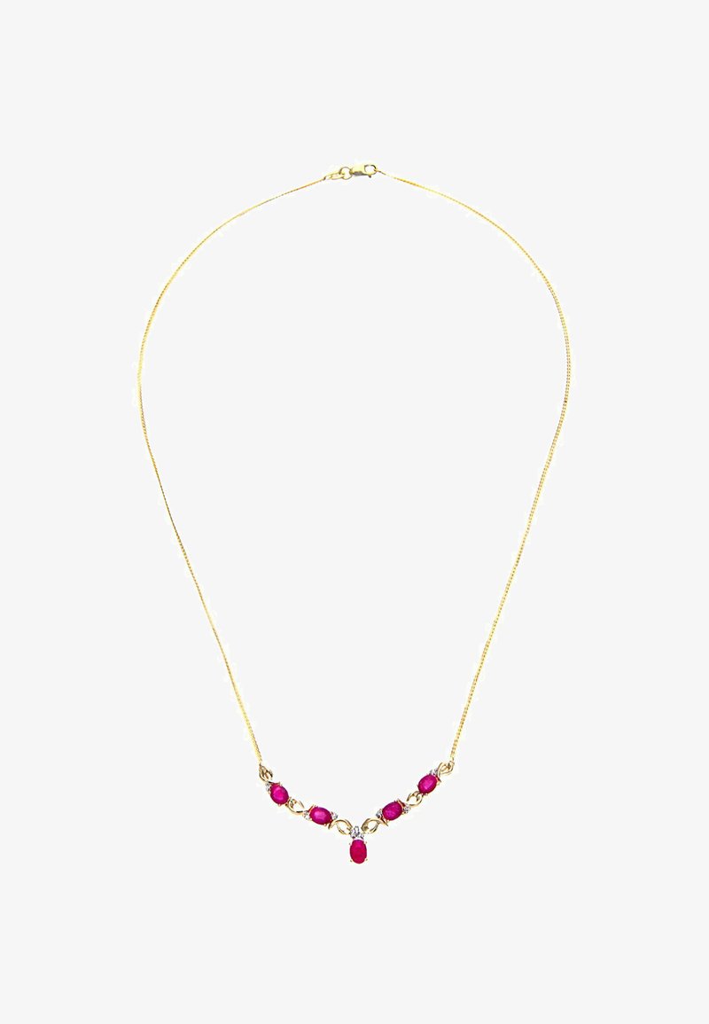 Smalks zelta ķēdes kaklarota ar septiņām ovālām sarkanmiesām, kuras sakārtotas V formā, katra atdalīta ar mazām zelta saitēm.