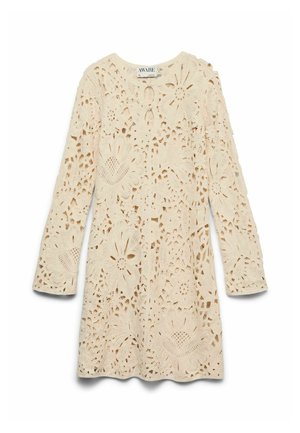 Robe beige à manches longues en dentelle avec de grands motifs floraux en crochet et un col rond, étiquetée "AWARE" taille 38.