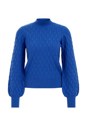 Pull en maille bleue avec col montant à côtes et manches bouffantes, présentant un motif texturé et des poignets ajustés.
