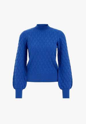 Maglione azzurro a maglia con collo finto a coste e maniche a sbuffo, caratterizzato da un motivo texturizzato e polsi aderenti.