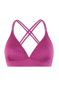 Lila geripptes Bralette mit dreieckigen Körbchen und dünnen, doppelt verlaufenden Trägern, die sich am Rücken kreuzen.