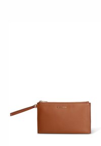 Brown textured leather clutch with a zip closure, detachable wrist strap, and subtle branding on the front. Rectangular shape.