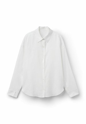 Chemise blanche à manches longues avec un col classique, patte de boutonnage devant et coupe décontractée. Fabriquée en tissu léger avec une texture lisse.
