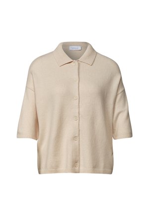 Cardigan beige à manches courtes boutonné avec col et ourlet côtelés, en tissu tricoté doux.