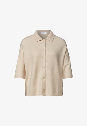 Beige kortærmet cardigan med knapper, med ribstrikket krave og kant, lavet af blødt strikstof.