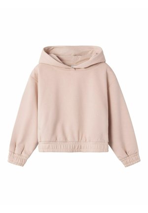 Lichtroze hoodie met een cropped ontwerp, elastische manchetten en een zachte textuur. Heeft een relaxte pasvorm en geen zichtbare patronen of hardware.