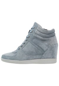 Blue suede high-top wedge sneaker with perforated detailing, rounded toe, and a white rubber sole. Laces and padded collar for added comfort.