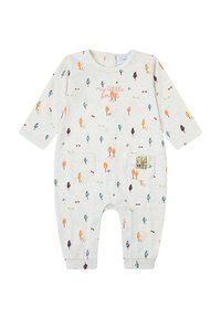 Mono beige de manga larga con un estampado colorido de árboles y bayas, con una inscripción en el pecho que dice "mi pequeño bosque" y un detalle de bolsillo delantero.