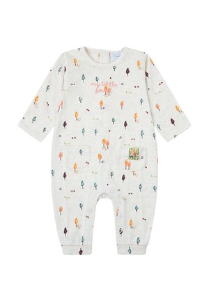 Mono beige de manga larga con un estampado colorido de árboles y bayas, con una inscripción en el pecho que dice "mi pequeño bosque" y un detalle de bolsillo delantero.