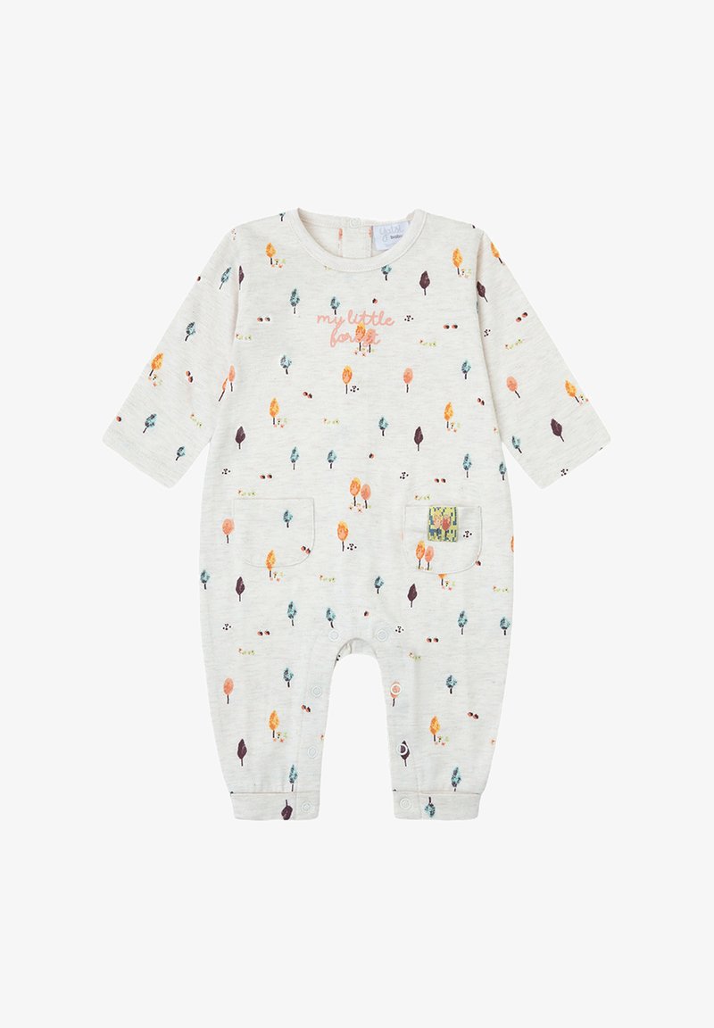 Mono beige de manga larga con un estampado colorido de árboles y bayas, con una inscripción en el pecho que dice "mi pequeño bosque" y un detalle de bolsillo delantero.