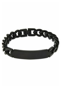 Bracciale a catena nera con una piastra centrale rettangolare liscia, caratterizzata da anelli intrecciati e un design di chiusura sicuro. Finitura opaca in tutta la superficie.