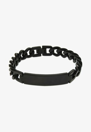 Bracciale a catena nera con una piastra centrale rettangolare liscia, caratterizzata da anelli intrecciati e un design di chiusura sicuro. Finitura opaca in tutta la superficie.