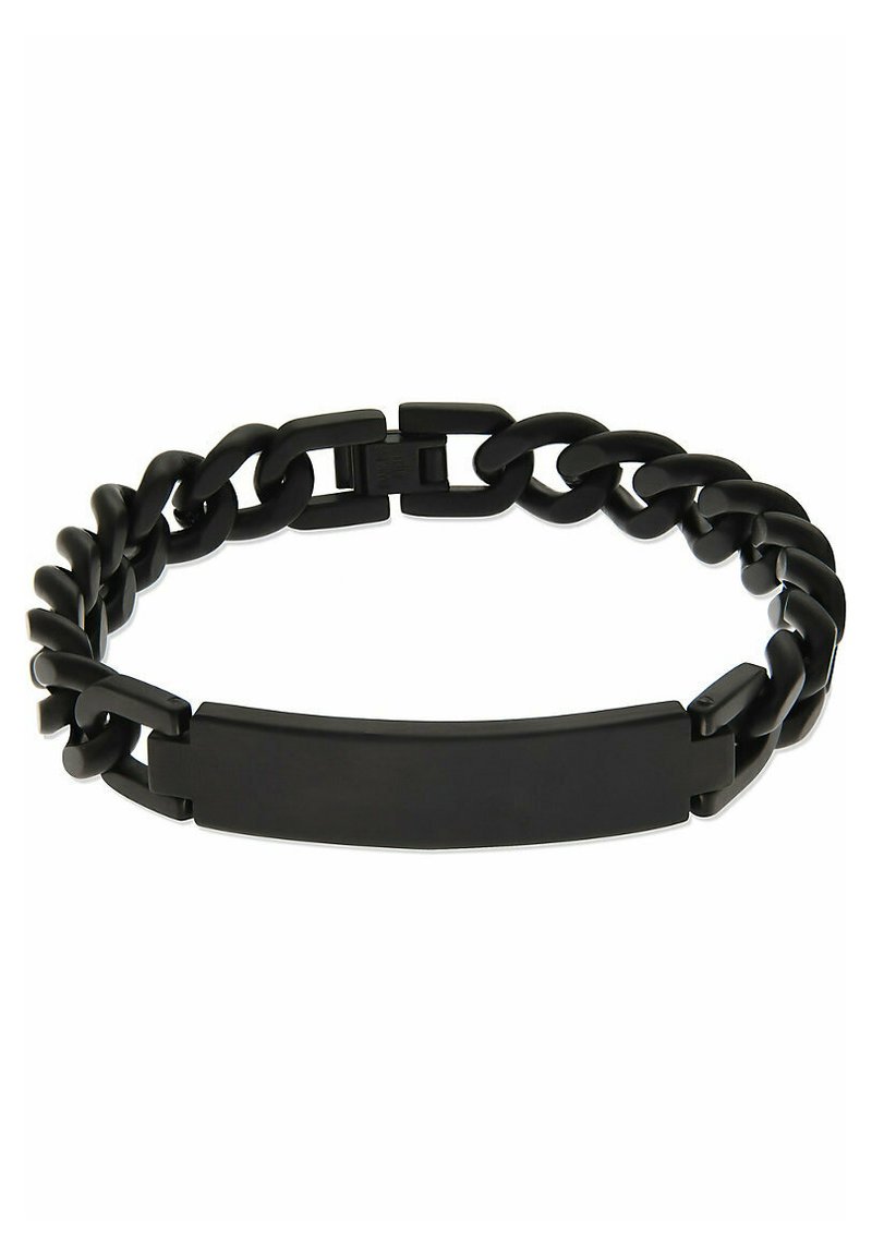Bracciale a catena nera con una piastra centrale rettangolare liscia, caratterizzata da anelli intrecciati e un design di chiusura sicuro. Finitura opaca in tutta la superficie.