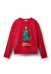 Roter Strickpullover mit einem Weihnachtsbaumdesign, das eine Gitarre und den Text "Rockin' Christmas" in Weiß, Grün und Gelb enthält.