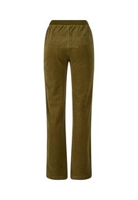 Olijfgroene fluwelen joggers met rechte pijpen, met reliëflogo detail op de achterste tailleband. Zachte textuur, elastische taille.