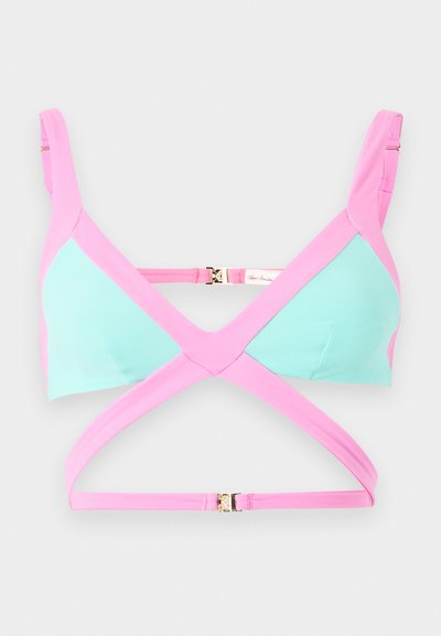 Παστέλ τιρκουάζ και ροζ bralette με τριγωνικές θήκες, ρυθμιζόμενους ιμάντες και σταυρωτές ελαστικές ταινίες με χρυσαφί μεταλλικές αγκράφες.