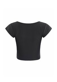 Sort crop top med korte, kap-ærmer. Lavet af glat stof, har en rund halsudskæring og tætsiddende design. Præsenteret set fra ryggen.