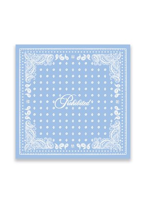 Lichtblauwe bandana met witte paisley-patronen en de tekst "Prohibited" gecentreerd in cursief lettertype.