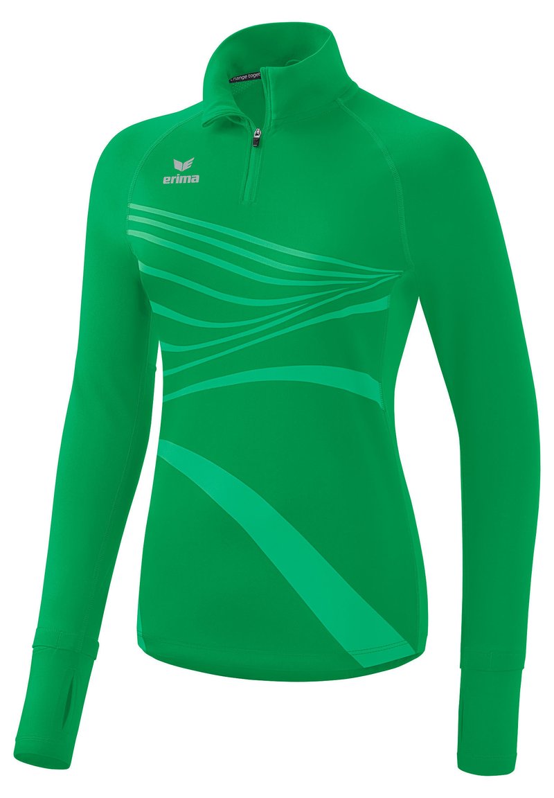 Pullover verde a maniche lunghe con zip a un quarto, caratterizzato da motivi a onde orizzontali di un verde più chiaro. Realizzato in un tessuto liscio e elasticizzato.