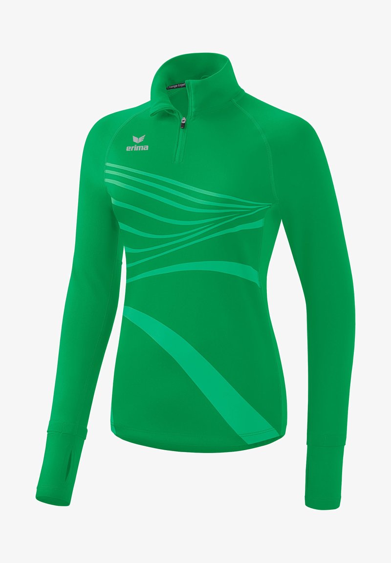 Groene lange mouwen pullover met een kwart rits, voorzien van horizontale golfpatronen in een lichter groen. Gemaakt van een gladde, rekbare stof.
