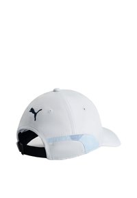 Biała czapka baseballowa z zakrzywionym daszkiem, z niebieskim akcentem i czarnym regulowanym paskiem. Wyjątkowe czarne logo haftowane z boku.