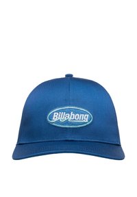Cappellino blu realizzato in tessuto con una forma strutturata. Presenta una visiera arrotondata e una toppa con logo ricamato in blu e bianco.
