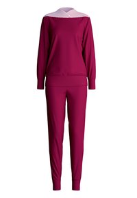 Fuchsia trainingspak met een langärmelige top met gestreepte schouderdetails en bijpassende taps toelopende broek; gemaakt van een soepele, stretchy stof.
