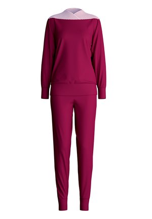 Completo tuta fucsia composto da una maglietta a maniche lunghe con dettagli a strisce sulle spalle e pantaloni affusolati coordinati; realizzato in un tessuto morbido e elasticizzato.