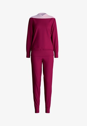 Completo tuta fucsia composto da una maglietta a maniche lunghe con dettagli a strisce sulle spalle e pantaloni affusolati coordinati; realizzato in un tessuto morbido e elasticizzato.
