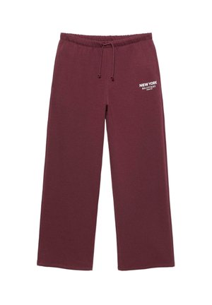 Burgundy sweatpants made of cotton, featuring a drawstring waist and a printed "NEW YORK BIG CITY BLUES" logo in white on the left hip.