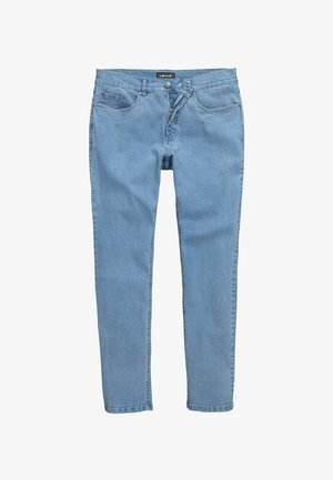 Hellblaue Jeans aus Denim mit engem Schnitt. Verfügen über fünf Taschen, einen Reißverschluss und einen Knopfverschluss. Glatte Textur mit sauberem Finish.