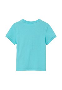 Türkises T-Shirt mit kurzen Ärmeln aus Baumwolle. Verfügt über einen Rundhalsausschnitt und umgeschlagene Ärmel. Glatte Textur ohne Muster oder Verzierungen.