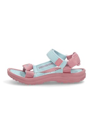 Sandalias en azul claro y rosa con correas ajustables, suela de goma texturizada y diseño con patrón en la plantilla. Perfil plano con acolchado.
