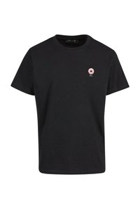 Sort bomulds t-shirt med rund hals og korte ærmer, med et lille broderet donut-design på venstre bryst.