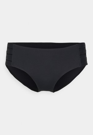 Black swim bottom with a smooth texture, high waist, and three horizontal strap accents on the sides. Classic and functional design.