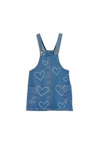 Denimoverallklänning med flera vita hjärtan, två framfickor, justerbara axelremmar och en klassisk blå tvätt.