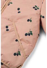 Light pink puffer jacket with dark berry and green leaf pattern, featuring a cream-colored zipper and a side pocket. Soft texture.