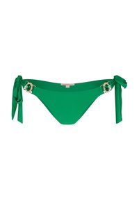Grüner Bikini-Unterteil mit seitlichen Bindebändern, dekorativer goldfarbener Hardware und einem smaragdähnlichen Akzent. Glattes, elastisches Material.