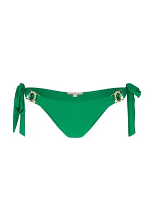 Grüner Bikini-Unterteil mit seitlichen Bindebändern, dekorativer goldfarbener Hardware und einem smaragdähnlichen Akzent. Glattes, elastisches Material.