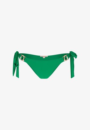Groene bikini onderkant met zijbindingen, verrijkt met decoratieve gouden hardware en een accent dat lijkt op smaragd. Glad, rekbaar materiaal.