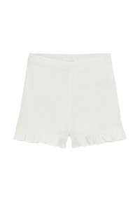 White linen shorts with a frill trim at the hem, elastic waistband, and a lightweight texture, suitable for warm weather.