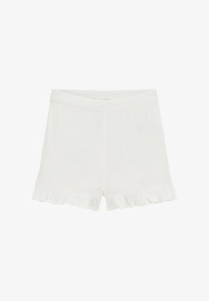 Pantalones cortos de lino blanco con un volante en el dobladillo, cinturilla elástica y una textura ligera, adecuados para el clima cálido.