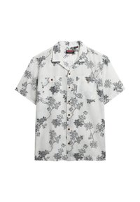 Camisa de manga corta abotonada, blanca con estampado floral negro, dos bolsillos en el pecho, botones de madera, ajuste relajado, tejido ligero.