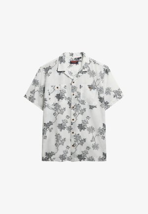 Kortærmet skjorte med knapper, hvid med sort blomsterprint, to brystlommer, træknapper, afslappet pasform, letvævet stof.