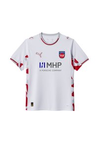Maglia da calcio bianca con accenti rossi, dotata di un logo e di testo dello sponsor in grigio. Progettata con un collo rotondo e maniche decorate.