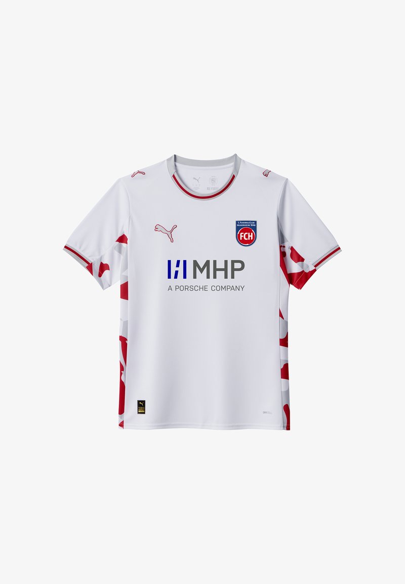 Maglia da calcio bianca con accenti rossi, dotata di un logo e di testo dello sponsor in grigio. Progettata con un collo rotondo e maniche decorate.